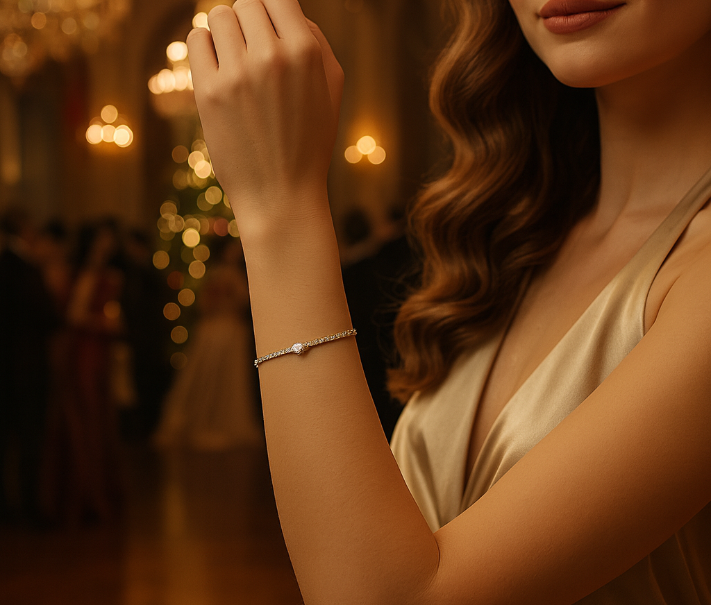 Elegante Frau in einem goldenen Kleid, die ein goldenes Armband mit Kristallen trägt.