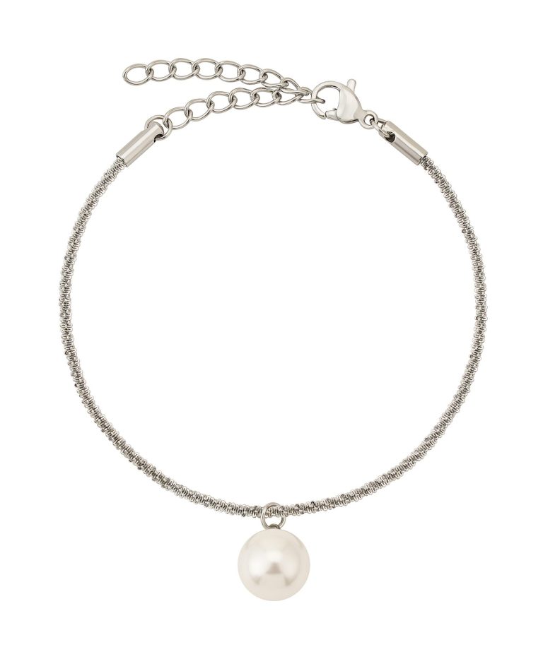 Platiniertes Armband mit einer runden, weißen Perle in der Mitte.